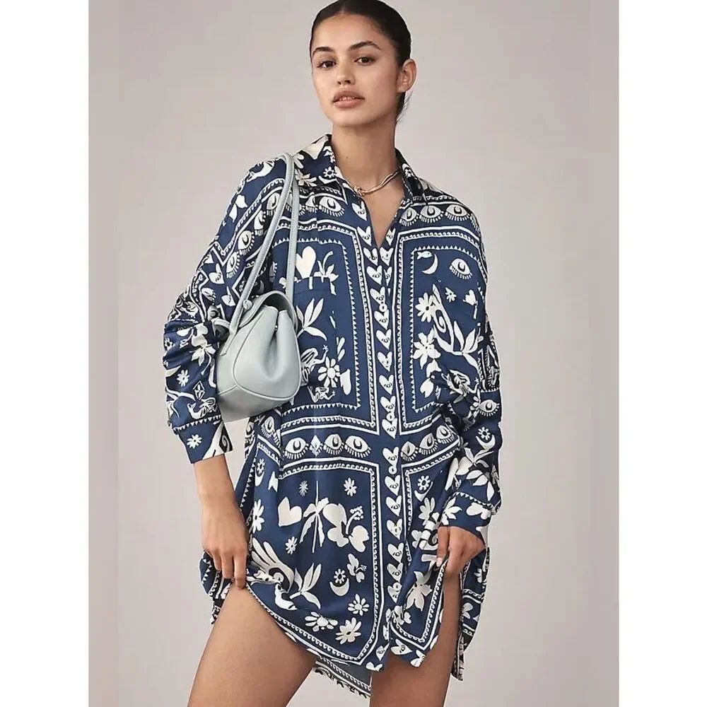 New Anthropologie Corey Lynn Calter Long-Sleeve Printed Mini Shirt Dress Size L